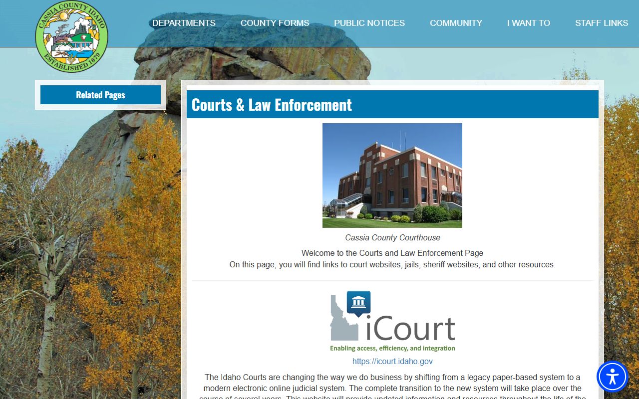 Cassia County courts and law enforcement page linking iCourt, jail roster, bookings, and warrants