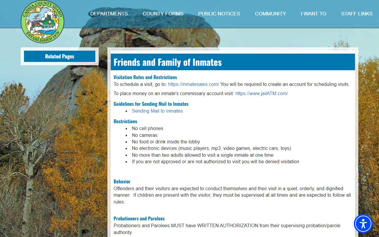 Cassia County friends and family of inmates page with visitation scheduling and commissary links