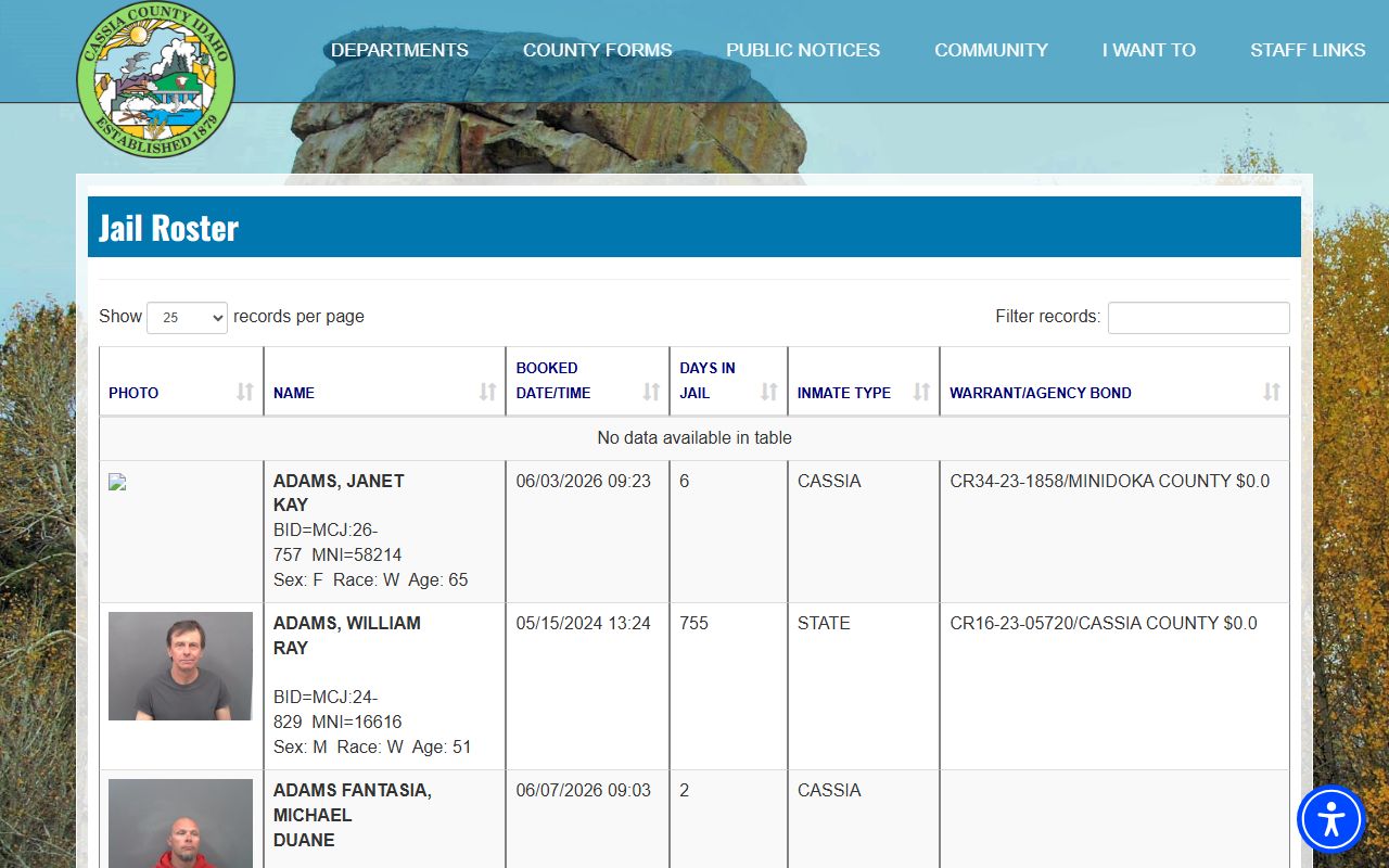 Cassia County inmate population jail roster with booking photos and bond fields