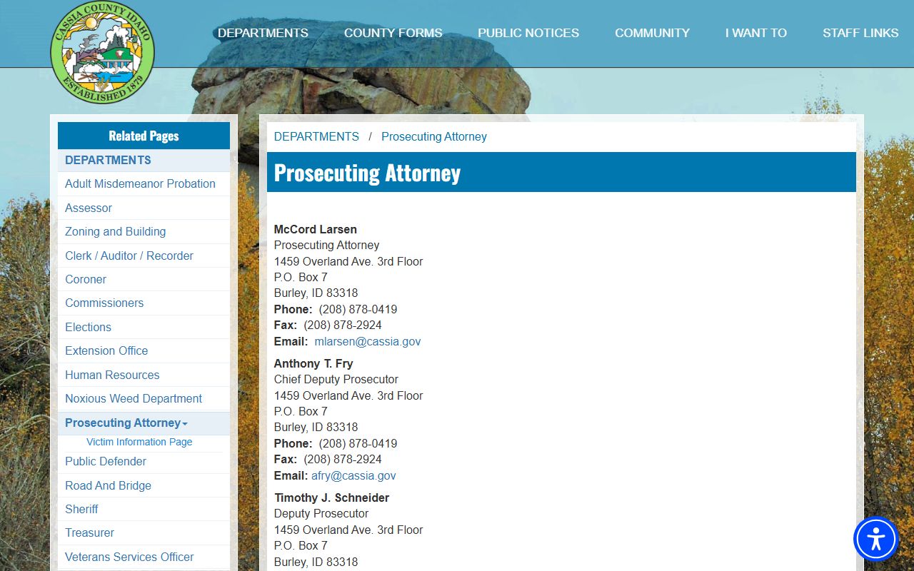 Cassia County Prosecuting Attorney contact page with prosecutor and deputy prosecutor names