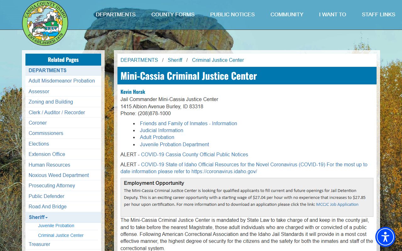 Official Mini-Cassia Criminal Justice Center page with address, phone, commander, and PREA links